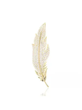 Feather Brooch with Clear Crystals Gold
