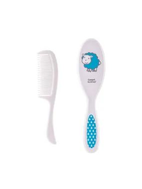 Brush and comb with soft bristles for babies, blue