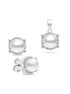 Elegant silver jewelry set with pearls SET237W (earrings, pendant)