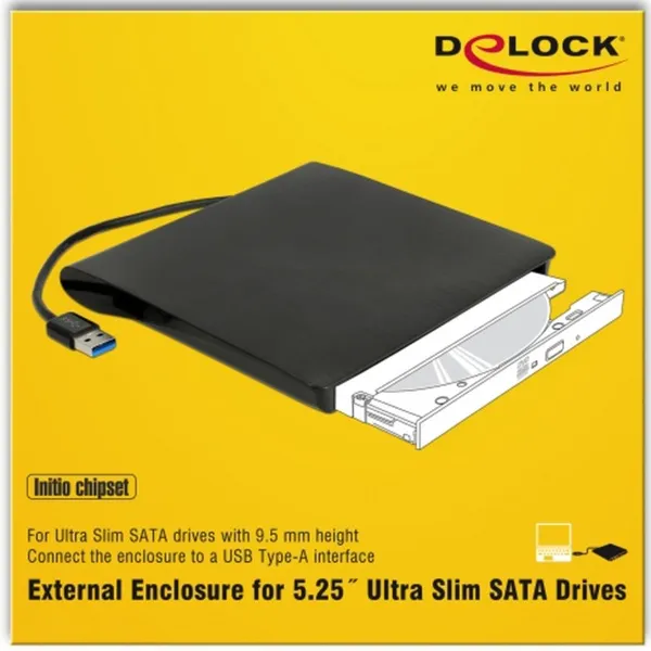 External enclosure for 5.25″ Ultra Slim SATA drives 9.5 mm to USB Type-A connector, drive enclosure