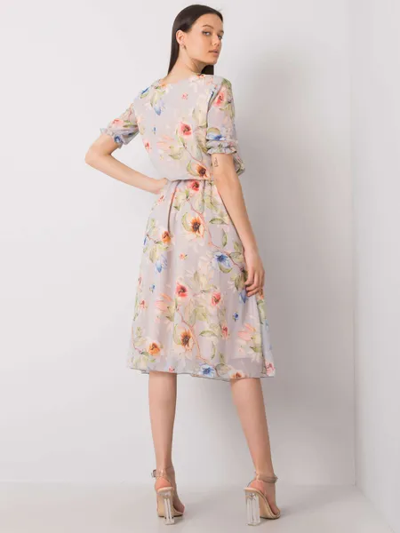 Gray midi dress with floral patterns.