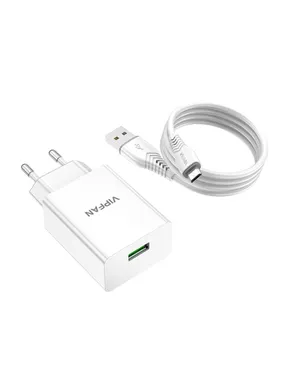 Vipfan E03 wall charger, 1x USB, 18W, QC 3.0 + Micro USB cable (white)