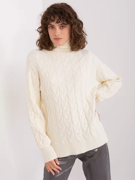 Ecru women's turtleneck sweater with cables.