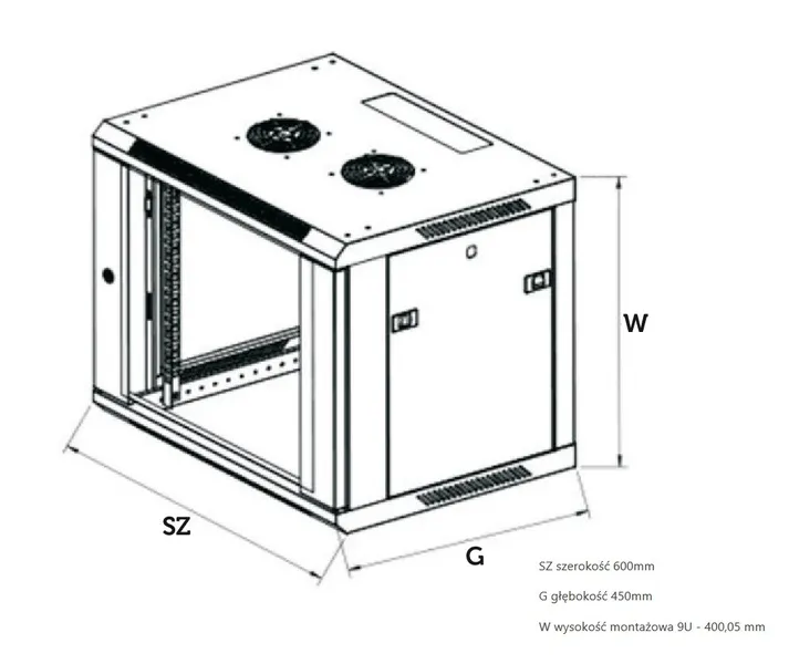 Wall cabinet rack 9U 600x450 black glass door