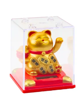 Chinese cat of happiness in display case solar figurine golden decoration