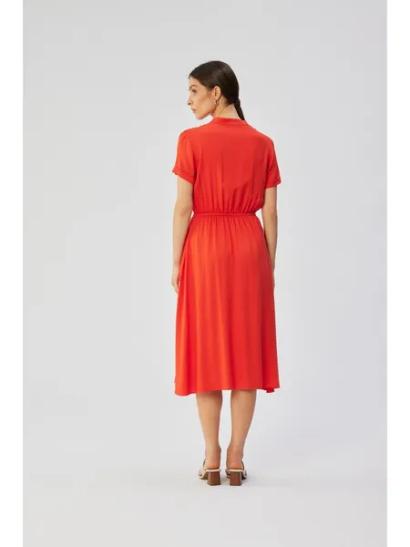 S366 Dress with a stand-up collar and tie at the waist - coral