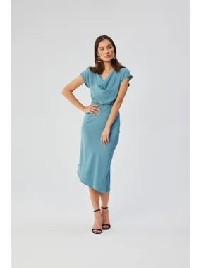 S362 Asymmetric dress with a water neckline - cold blue