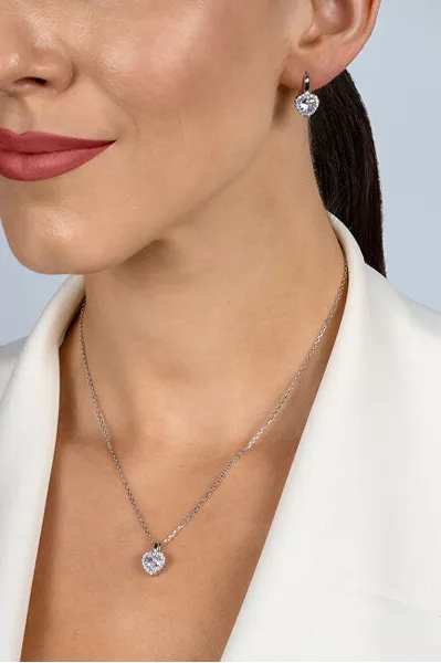 Silver heart jewelry set with zircons SET273W (earrings, pendant)