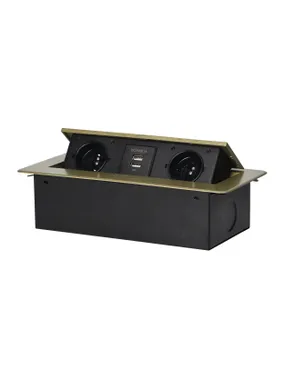 Furniture sockets recessed into the tabletop with a flat milled edge and a USB charger, 2x2P+Z, 2xUSB, brass