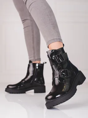 Black women's worker boots with Shelovet buckles