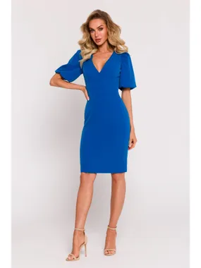 M779 Dress with a neckline and a strongly marked waist - blue