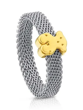 Steel ring with a golden teddy bear Mesh 10002144