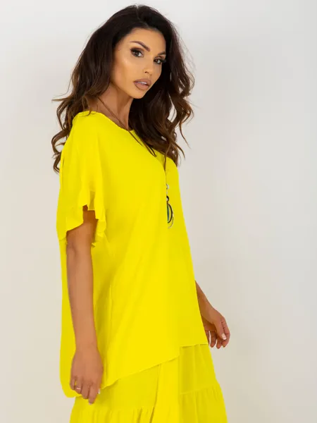Yellow summer oversize blouse with a round neckline.
