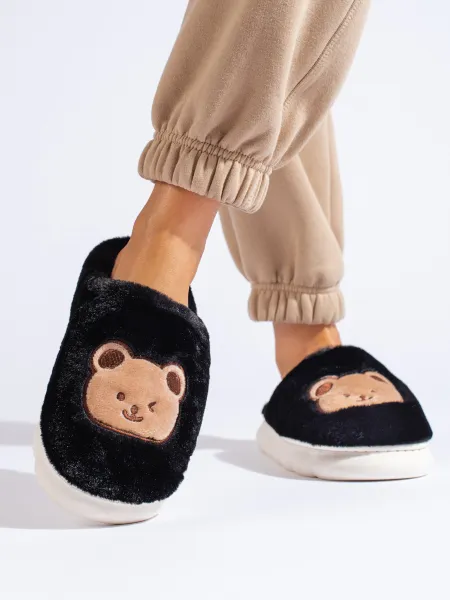Black fur slippers with a teddy bear