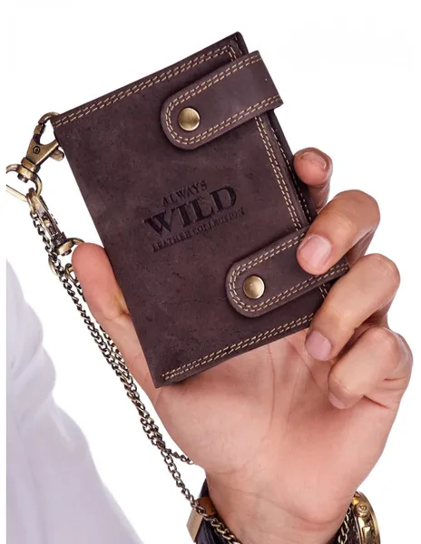 Men's dark brown leather wallet with a handle.