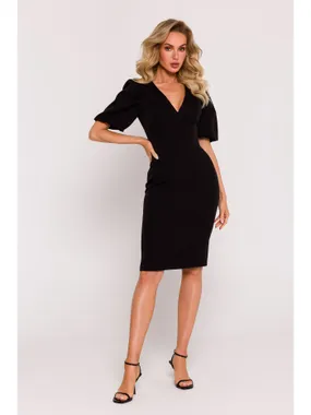 M779 Dress with a neckline and a strongly marked waist - black