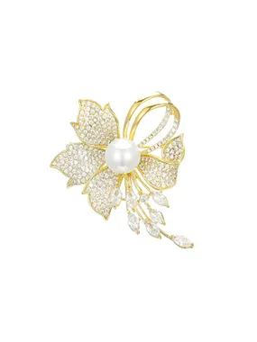 Glittering Flower Brooch with Faux Pearl Gold