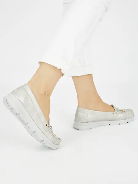 Silver comfortable moccasins made of eco-leather