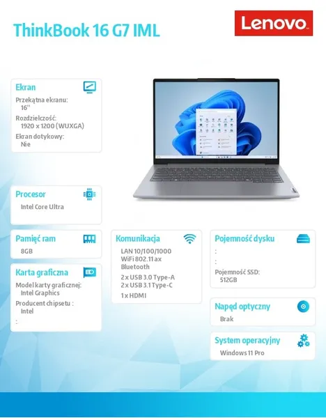 Notebook ThinkBook 16 G7 21MS007XPB W11Pro Ultra 5 125U/8GB/512GB/INT/16.0 WUXGA/Arctic Grey/3YRS OS + CO2 Offset