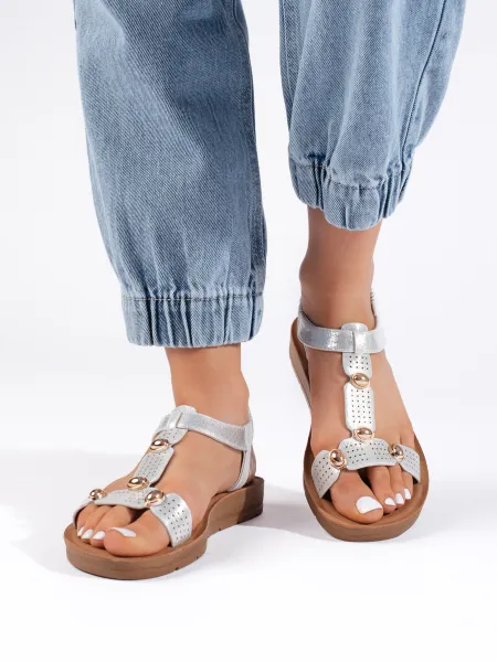 Silver women's sandals with decorations