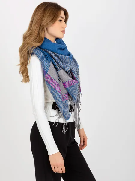 Dark blue and grey patterned women's winter scarf.