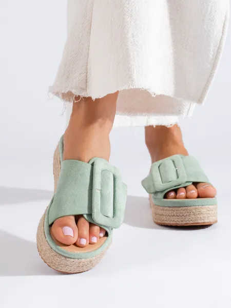 Mint suede espadrille slides on the Shelovet platform