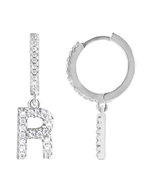 Round steel single earrings "R" with zircons
