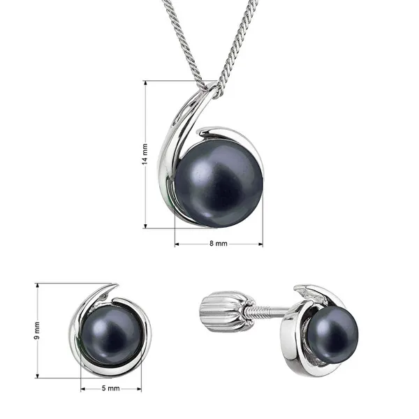 Set of silver jewelry with black river pearls 29063.3B black (earrings, chain, pendant)