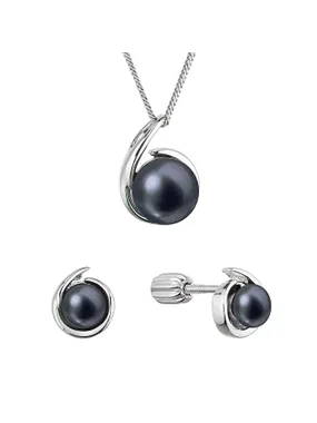 Set of silver jewelry with black river pearls 29063.3B black (earrings, chain, pendant)