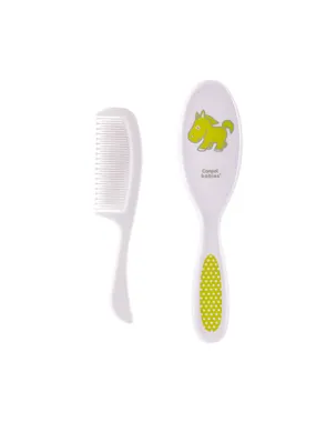 Brush and comb with soft bristles for babies, green