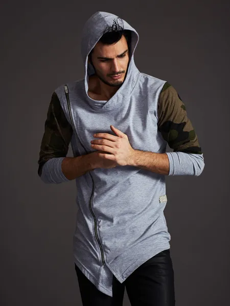 Men's sweatshirt with hood and camo gray modules