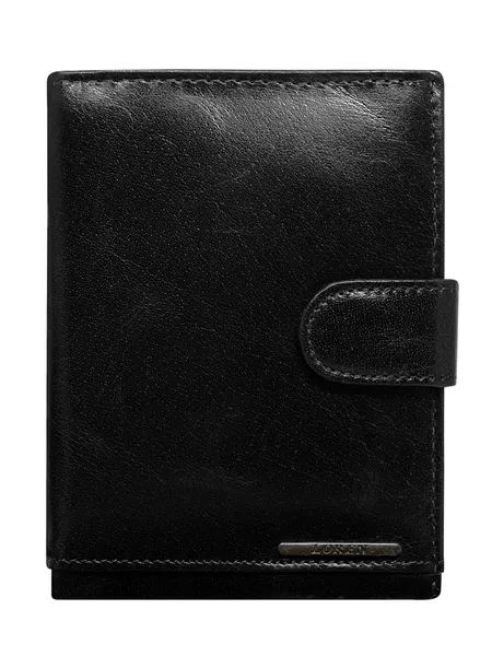 Men's black leather wallet with a clasp.