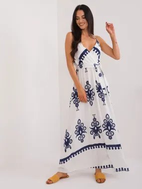 Women's white and navy blue dress with a print