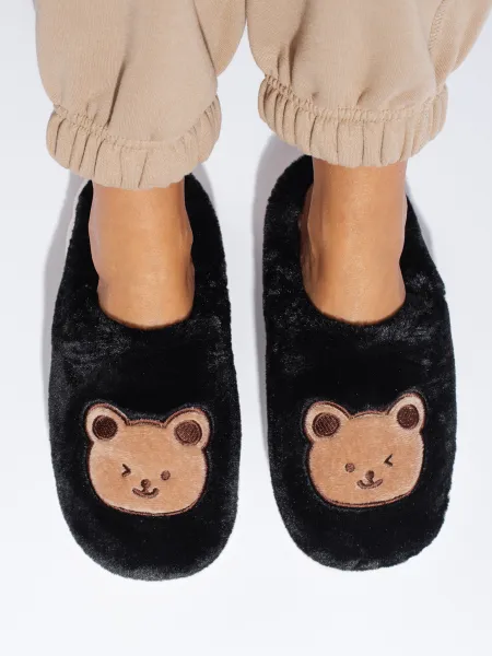 Black fur slippers with a teddy bear