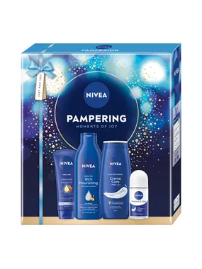 Pampering care set shower gel 250ml + nourishing body milk 250ml + intensely moisturizing hand cream 100ml + roll-on antiperspirant 50ml