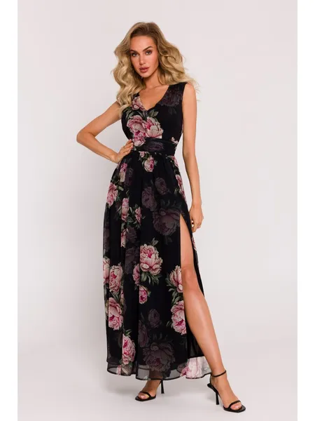 M781 Chiffon maxi dress with a high slit - model 1