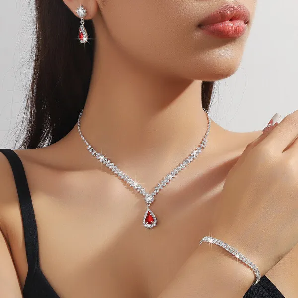Women's Jewelry Set With Red Zircons Drop (Neckleca, Bracelet, Earrings)