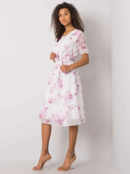 White dress with floral patterns.