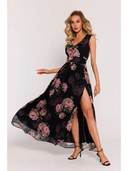 M781 Chiffon maxi dress with a high slit - model 1