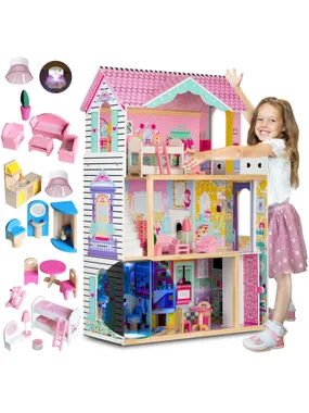 Wooden dollhouse large 3-story with an elevator and LED lamp