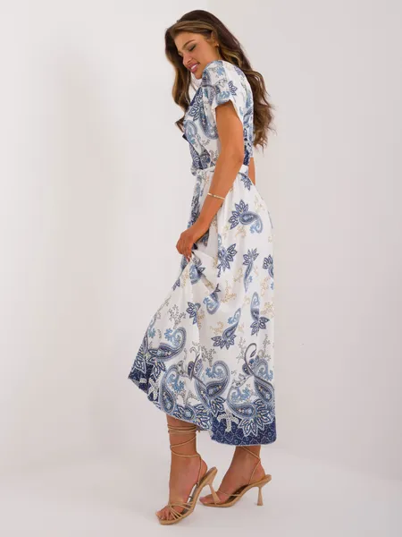 Women's white and navy blue dress with a print