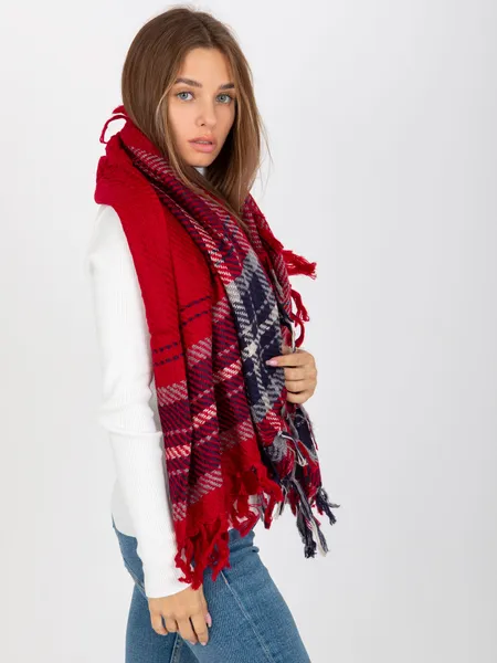 Red women's scarf with fringes.