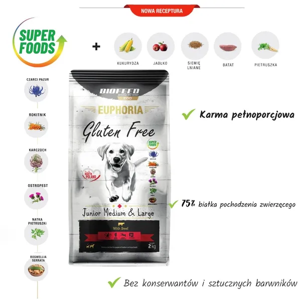 BIOFEED Euphoria Gluten Free Junior vidēja un liela Liellopu gaļa - sausā suņu barība - 12kg