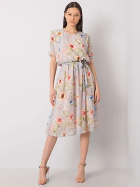 Gray midi dress with floral patterns.