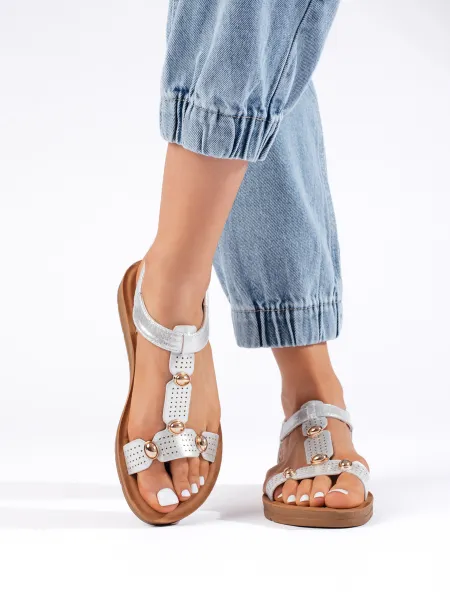 Silver women's sandals with decorations