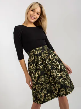 Black and khaki flared cocktail dress with belt.