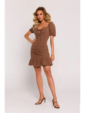 M784 Mini dress with a tie at the neckline - chocolate