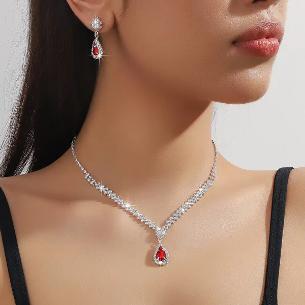 Women's Jewelry Set With Red Zircons Drop (Neckleca, Bracelet, Earrings)