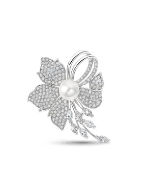 Glittering Flower Brooch with Faux Pearl Silver