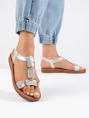 Silver women's sandals with decorations